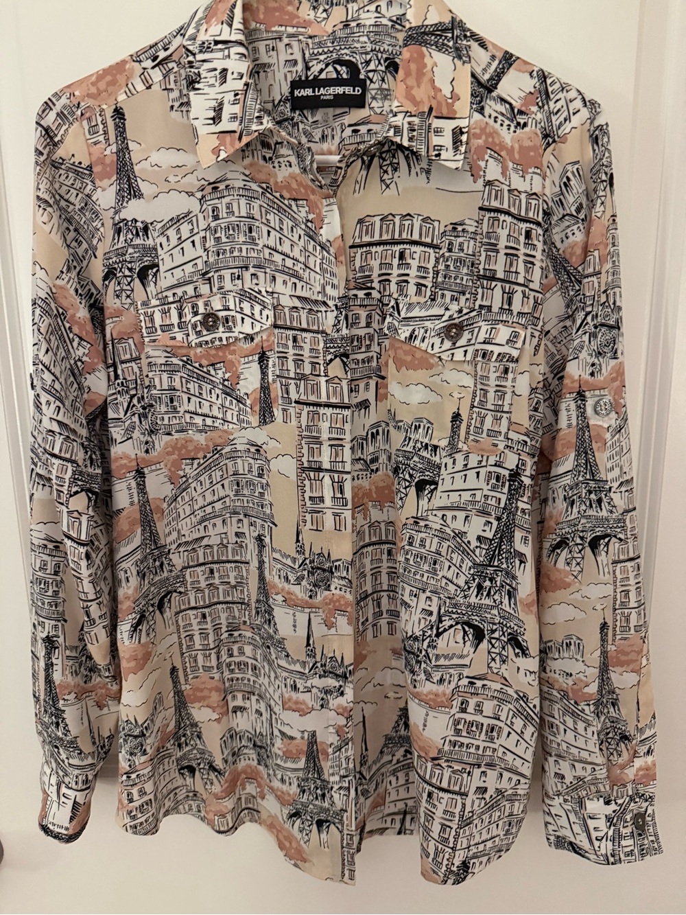 Karl Lagerfeld Beige and Pink Cityscape Print Button-Up Blouse